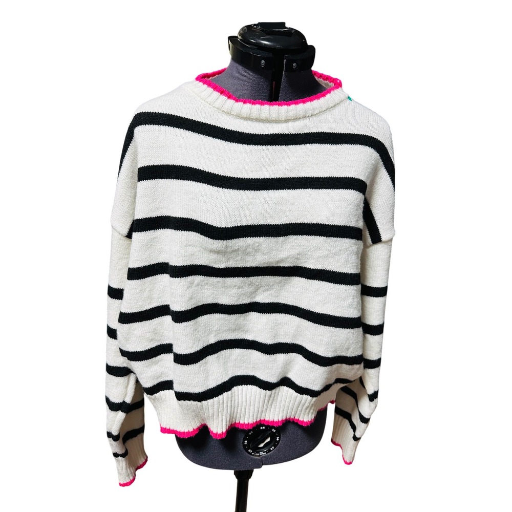 SHEIN Striped Sweater Pink Trim Long Sleeve Crew Neck Casual Women's‎ L